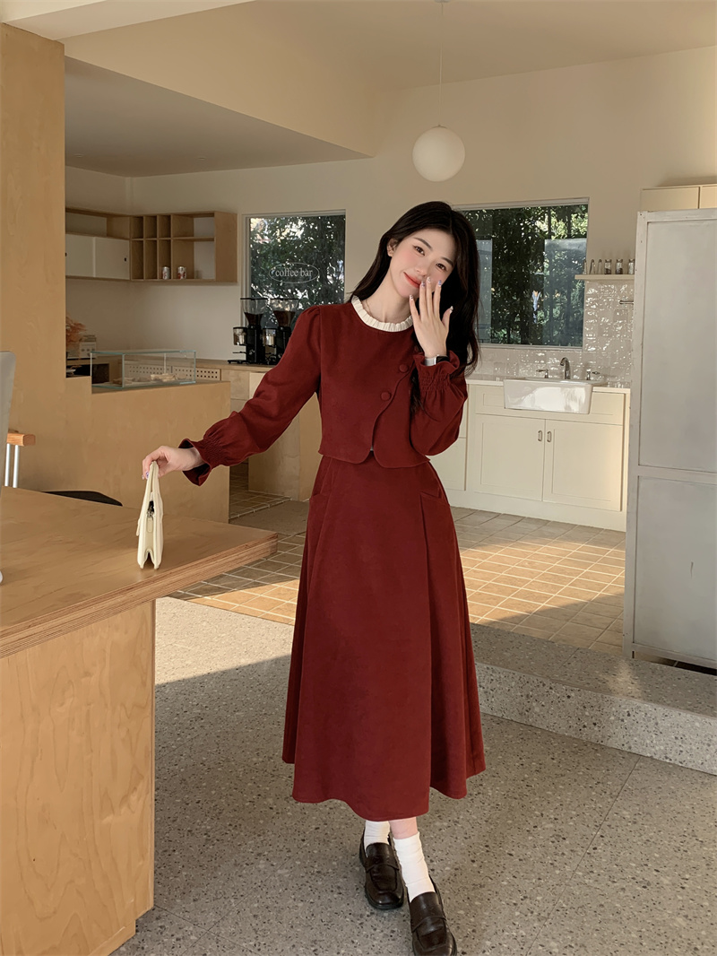 Women's Faux Two-Piece Long Sleeve Corduroy Dress with Tie 2025 Spring French Round Neck