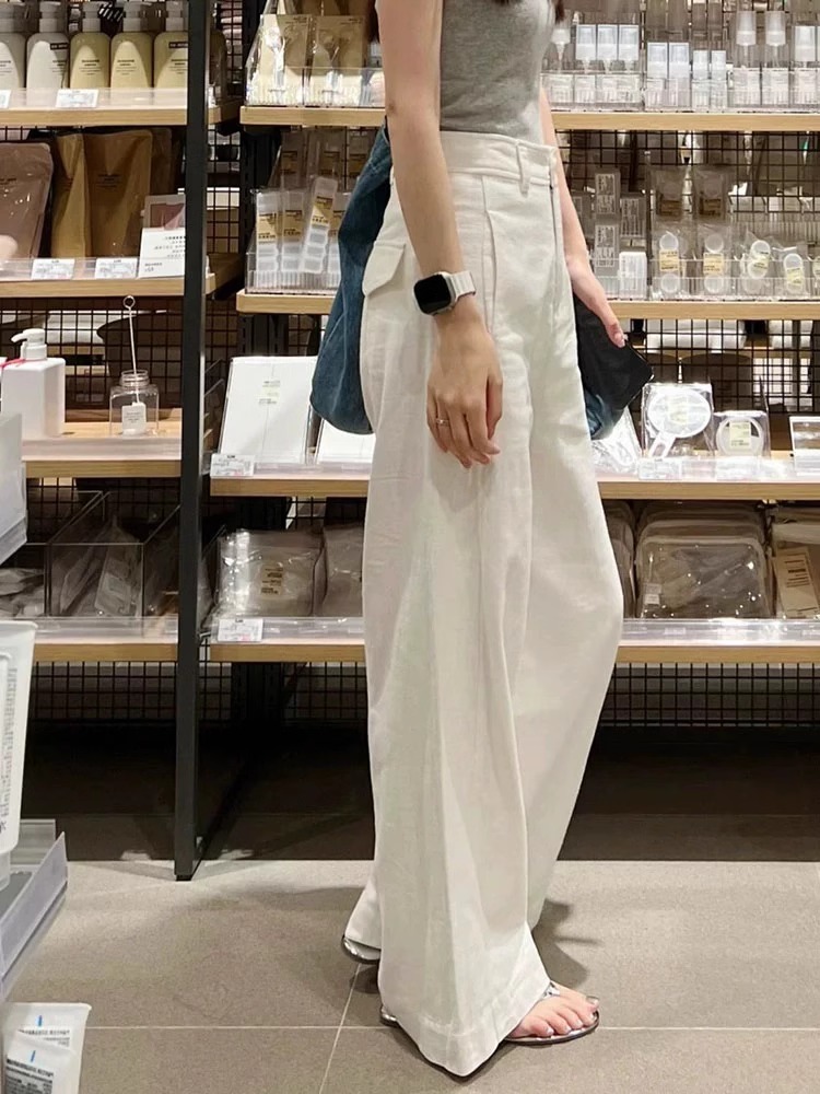 2025 Early Spring White Cotton Linen Wide-Leg Pants for Petite Women High Waist Straight Casual