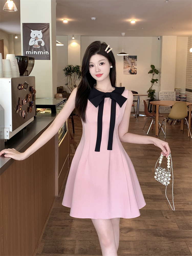Sweet Pink Bow Halter Dress for Women Summer French Waist A-Line Short Dress