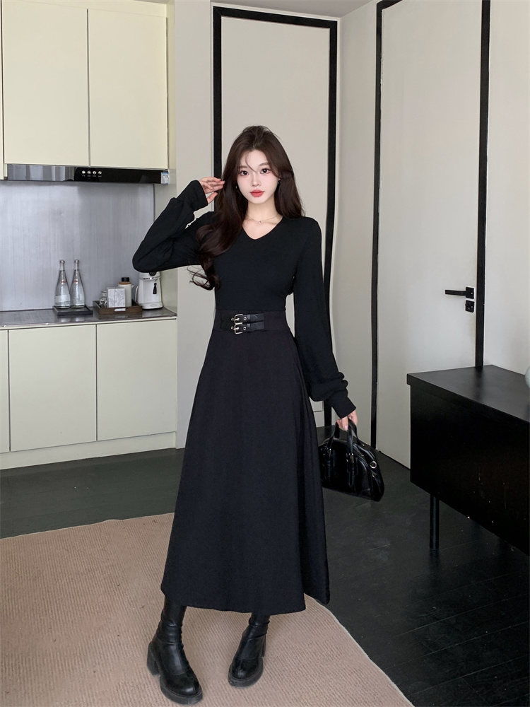 Solid V-Neck Long Sleeve Belted Black Dress with Waist Cinch