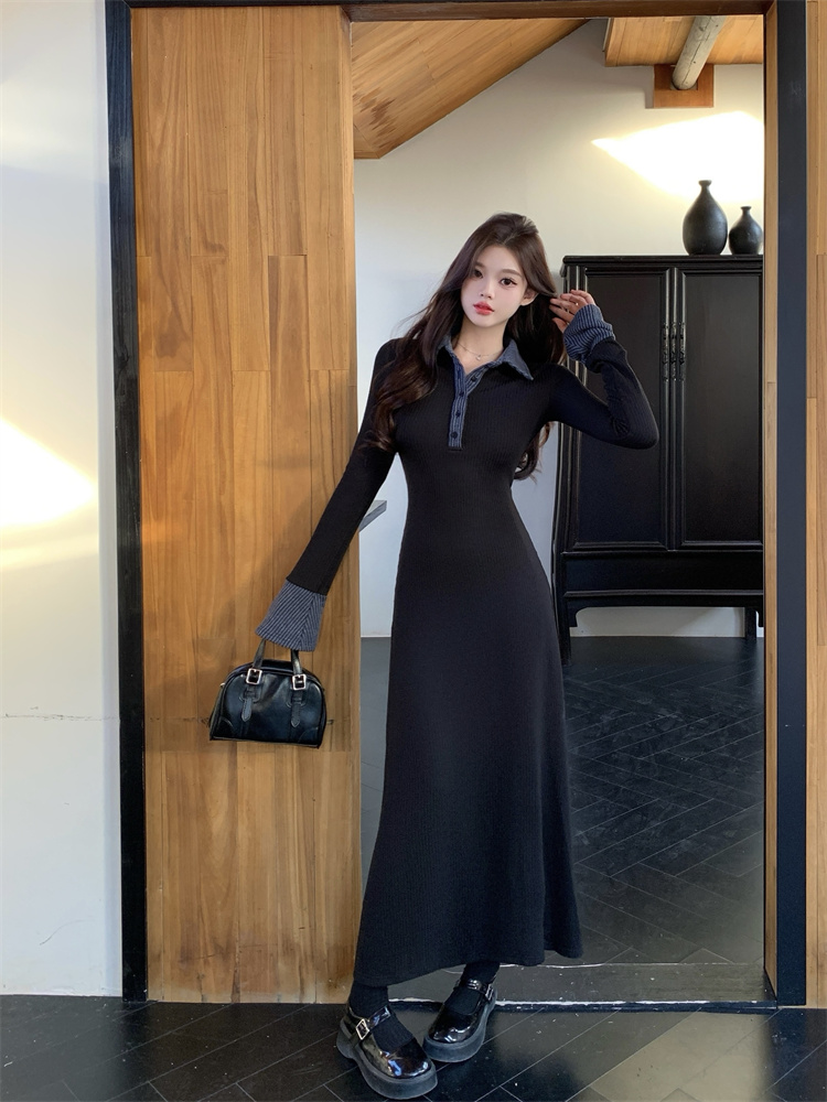Women's Long Sleeve Knit Polo Dress with Contrast Collar and Cinched Waist