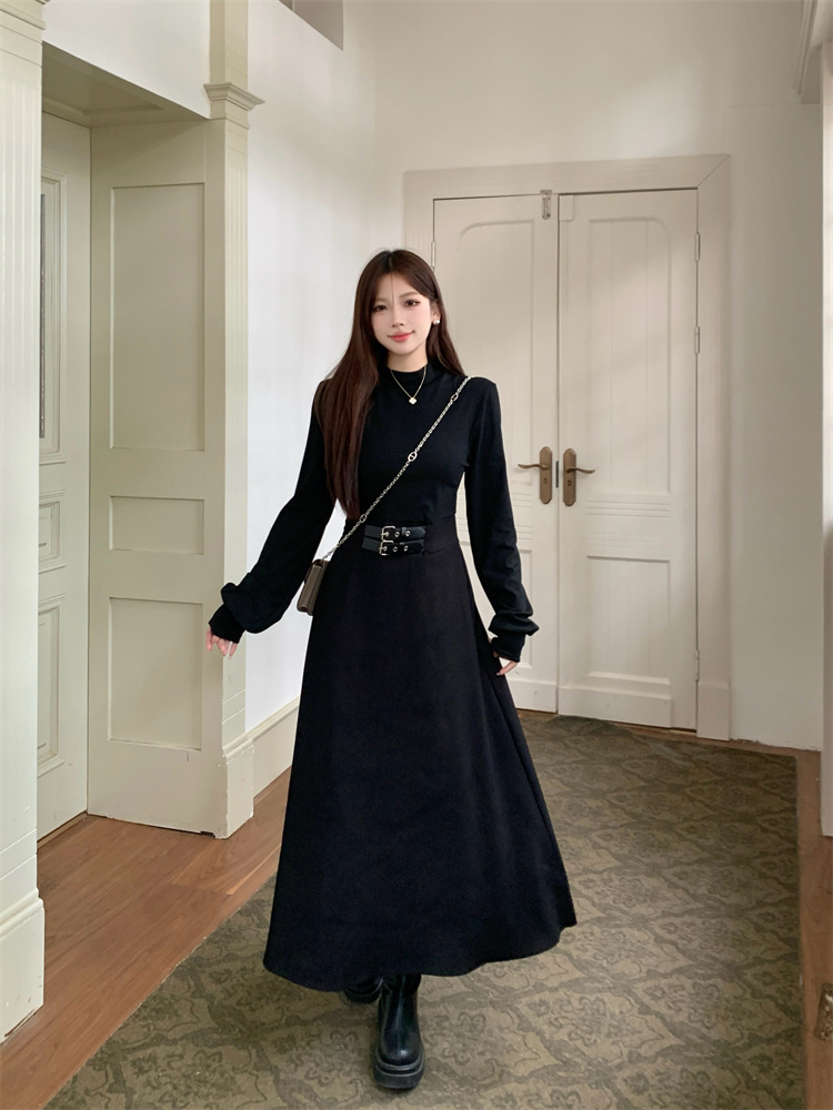 Solid Half Turtleneck Little Black Dress Long Sleeve Slim Waist Spring Layering Dress