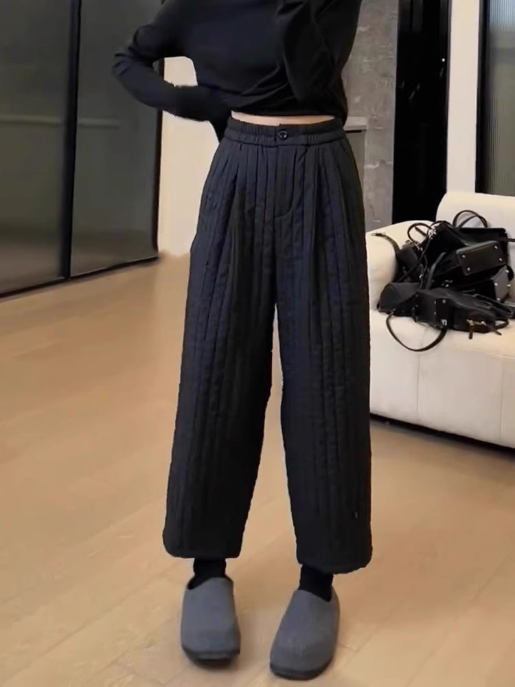 Black Diamond Quilted Padded High Waist Straight Leg Casual Pants Winter