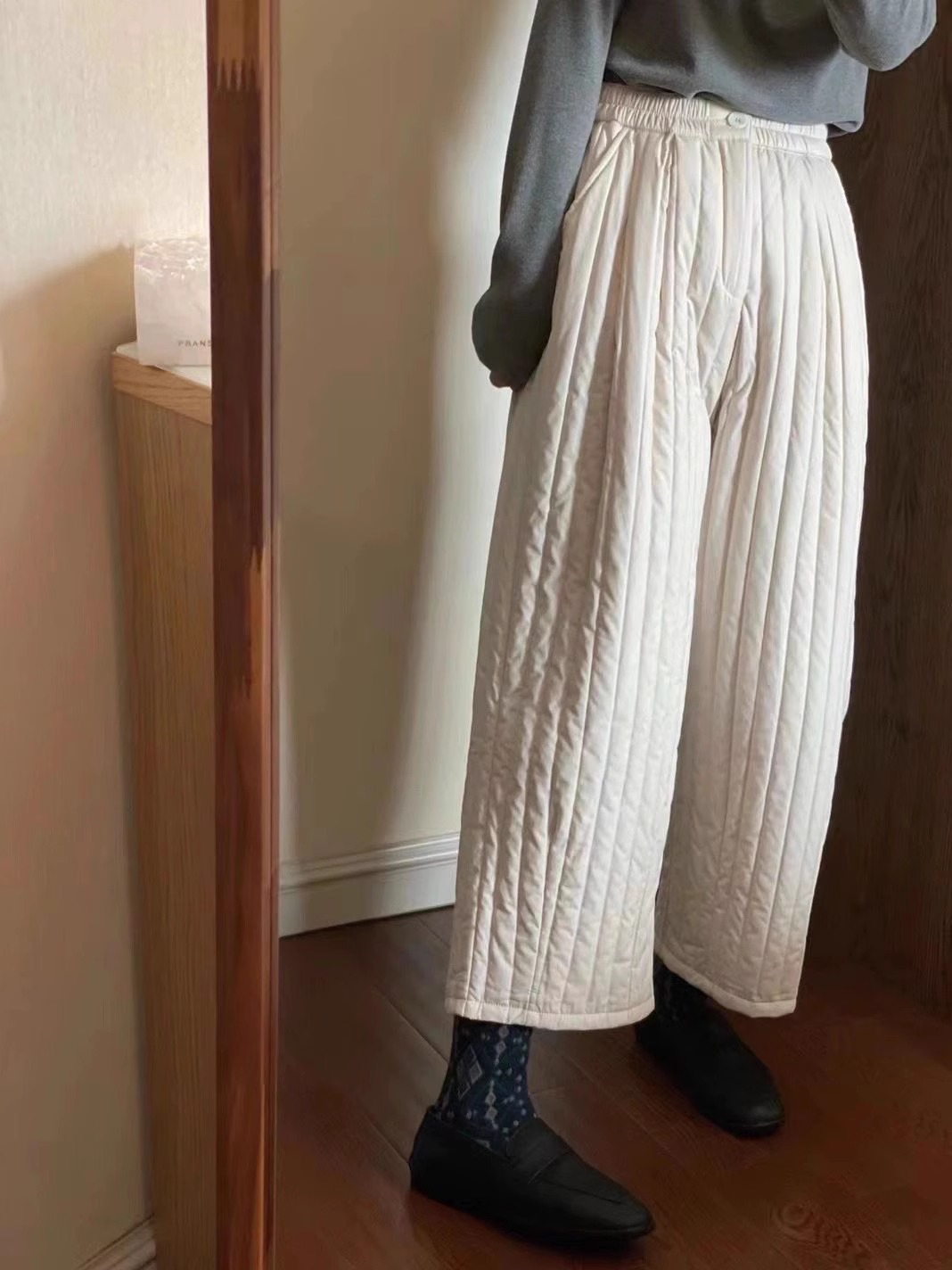 Women's Winter Quilted Wide-Leg Pants in Off-White - Loose High-Waist Warm Casual Trousers