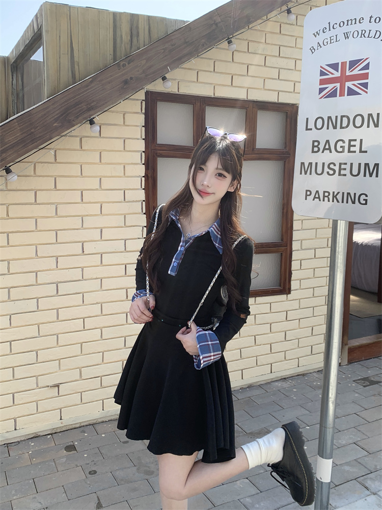 Plus Size Plaid Patchwork Polo Neck Long Sleeve Bodycon Dress