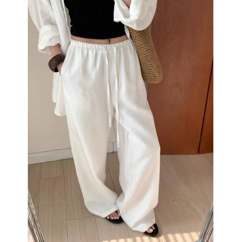 Women's High Waist Wide Leg Pants Summer White Thin Drawstring Straight Casual