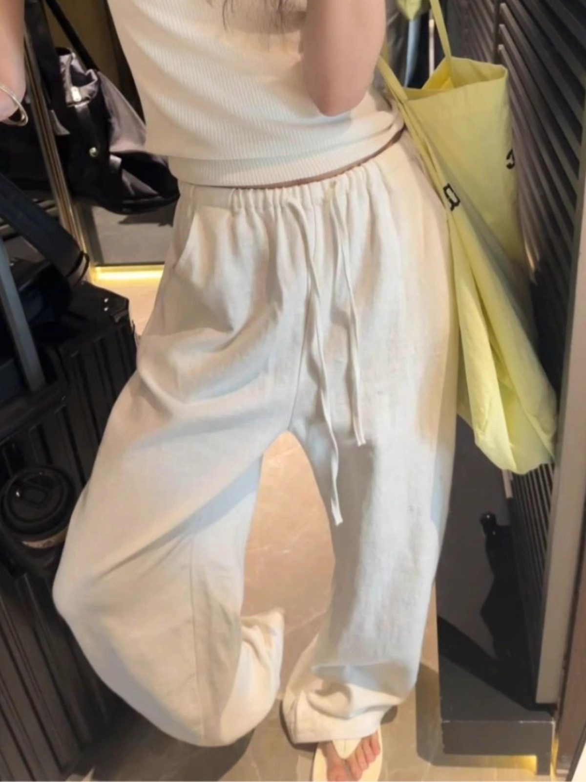 White Ramie Linen Wide Leg Pants Women Casual Spring Trousers