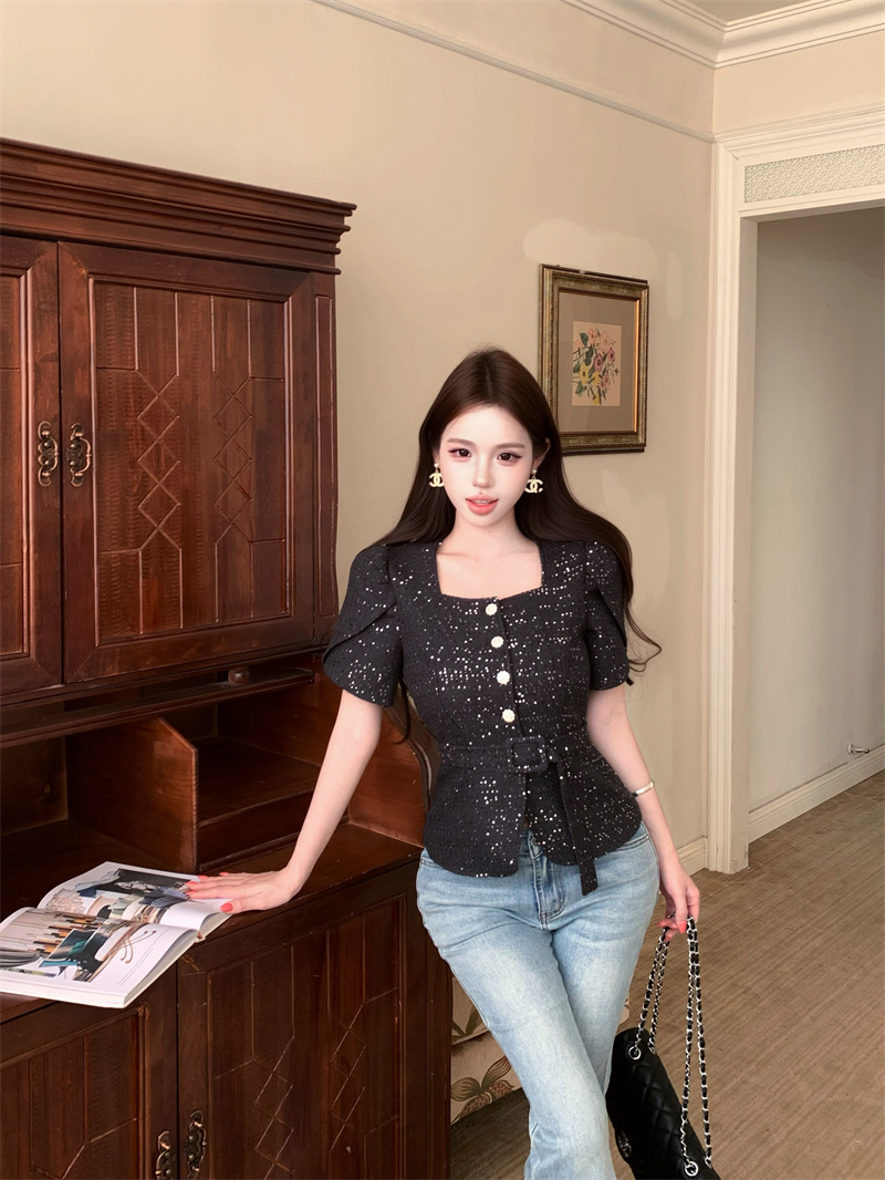 Elegant Sequin Square Neck Short Sleeve Shirt 2026 Summer Slim Fit Top