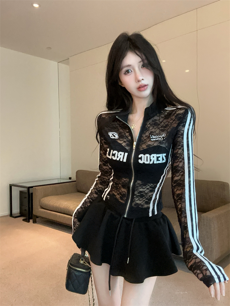 Sheer Lace Zip-Up Cardigan Top Black White Long Sleeve Stand Collar Slim Fit Women's Workwear Style