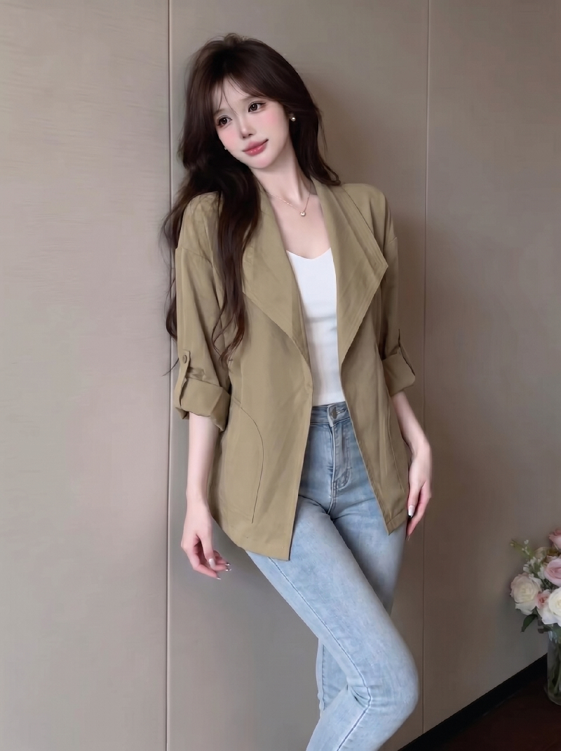 Women's Retro Hong Kong Style Short Trench Coat with Large Lapel and No Buttons