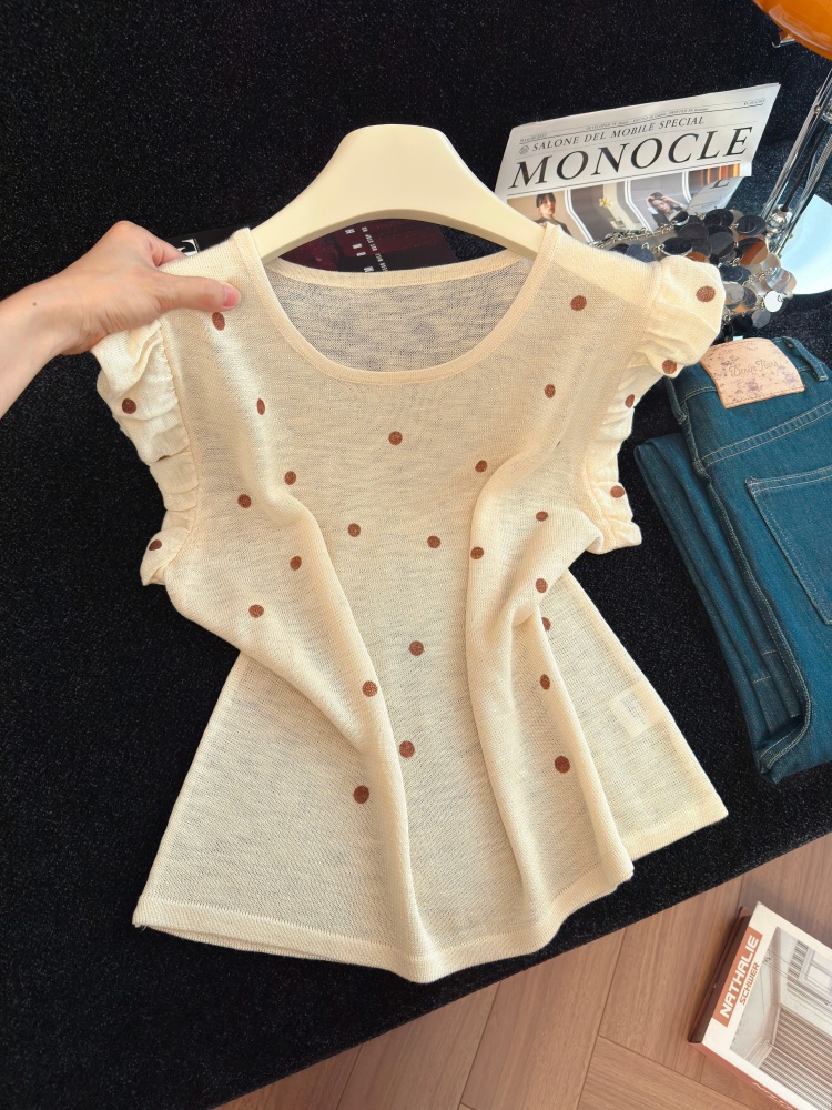Korean Style Polka Dot Knit Top Women Summer New Soft Comfortable Loose Short Sleeve