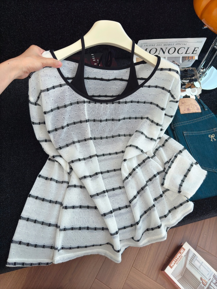Korean Style Striped Long Sleeve Halter Cami Two-Piece Knit Set for Women