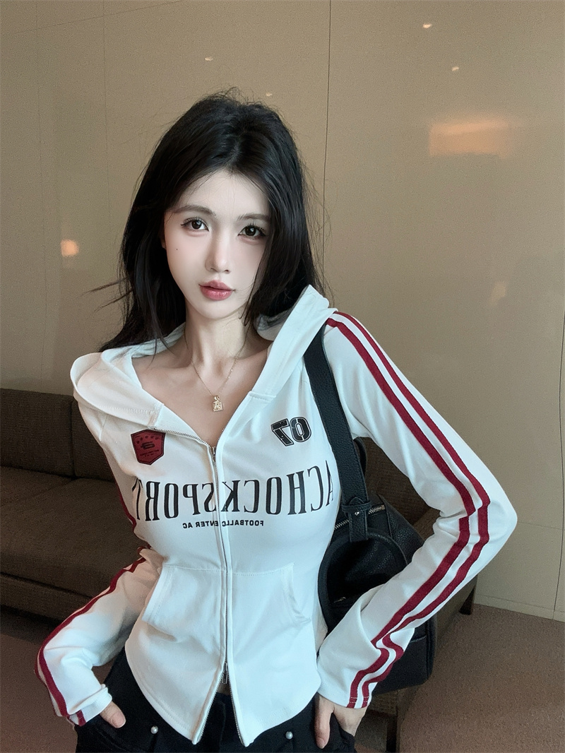 Women's Slim Fit Hooded Zip Jacket with Letter Print Short Outerwear